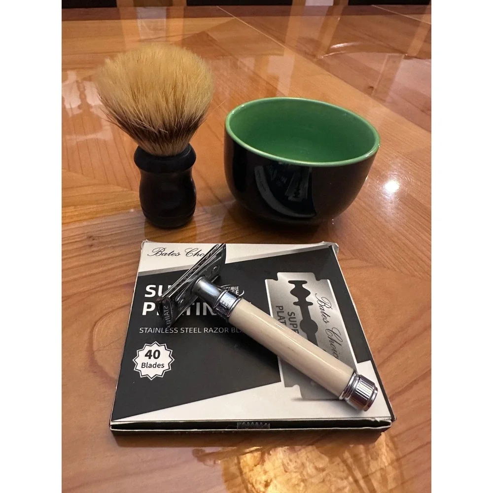 Edwin Jagger‎ Wet Shaving Kit Safety Razor 40 Blades Brush and Ceramic Bowl Set